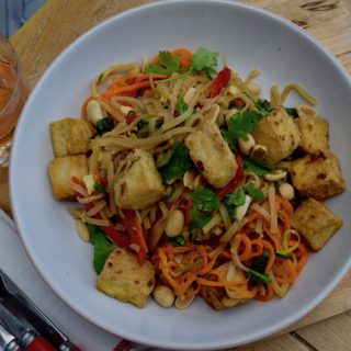 Crispy Tofu with Rainbow Pad Thai recipe from Lucy Loves Food Blog