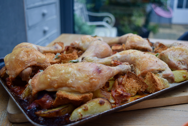 Roast Chicken with Bacon and Sourdough recipe from Lucy Loves Food Blog
