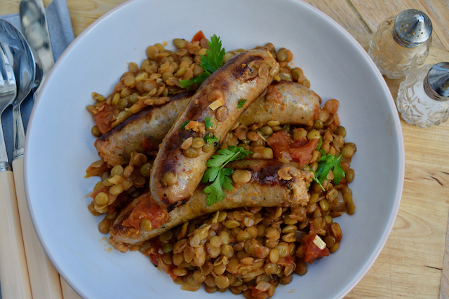 One Pot Sausages with Lentils recipe from Lucy Loves Food Blog