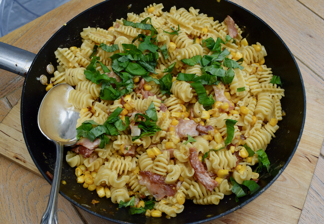 Parmesan, Corn and Bacon Pasta recipe from Lucy Loves Food Blog
