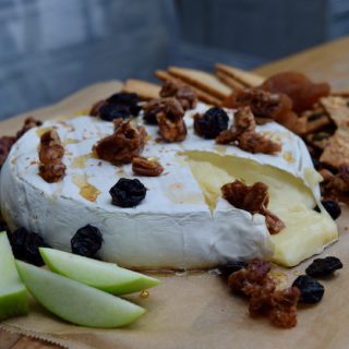 Baked Brie with Sweet and Salty Pecans recipe from Lucy Loves Food Blog
