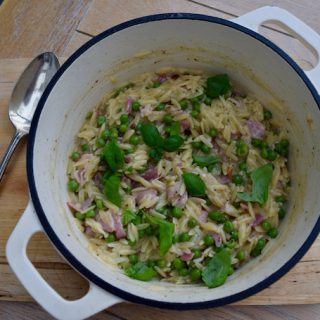 Orzo with Bacon and Peas recipe from Lucy Loves Food Blog