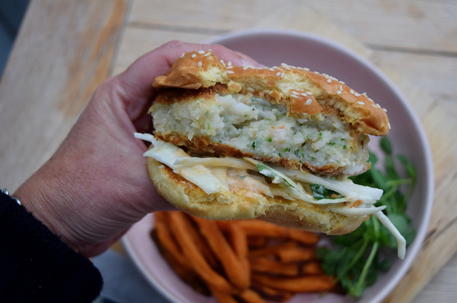 Prawn Burger with Cabbage Slaw recipe from Lucy Loves Food Blog